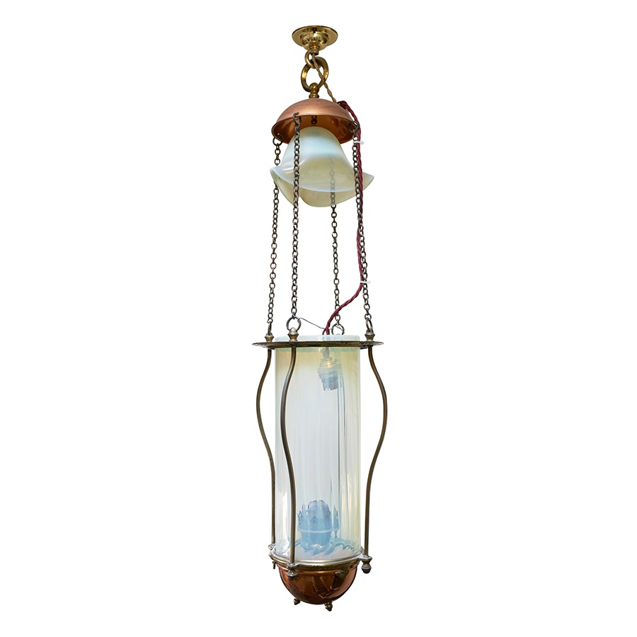 LOT 29 | W. A. S. BENSON (1854-1924) & JAMES POWELL & SONS | ARTS & CRAFTS HANGING LANTERN NO. 164A, CIRCA 1900 | copper, brass, and opalescent glass | 79cm (31in) high (approx.) | £1,200 - £1,800 + fees